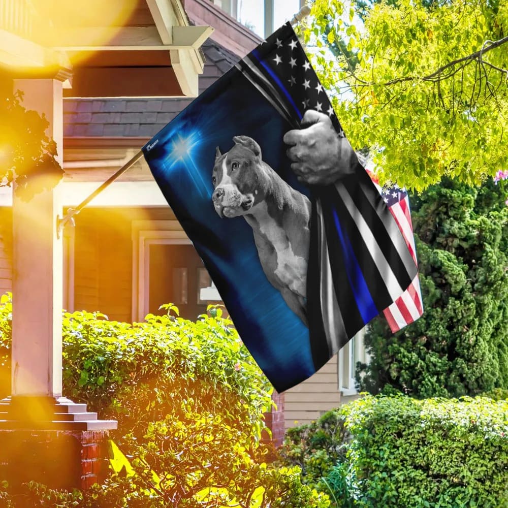 Pit Bull Dog Thin Blue Line Christian Cross House Flag - Christian Garden Flags - Outdoor Religious Flags
