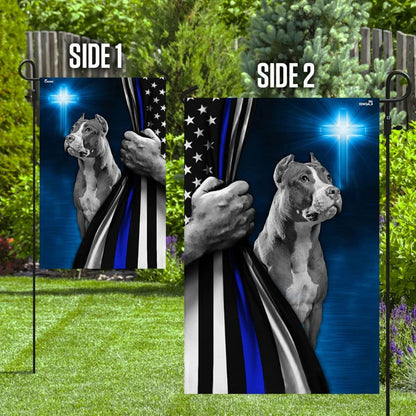 Pit Bull Dog Thin Blue Line Christian Cross House Flag - Christian Garden Flags - Outdoor Religious Flags