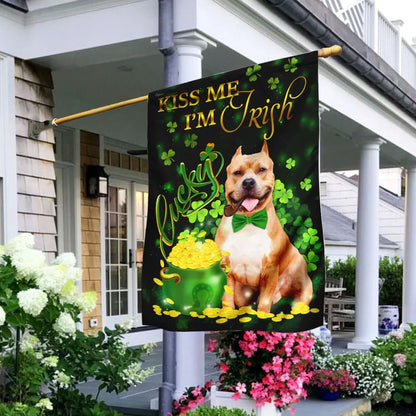 Pit Bull Kiss Me I'm Irish House Flag - St Patrick's Day Garden Flag - Outdoor St Patrick's Day Decor