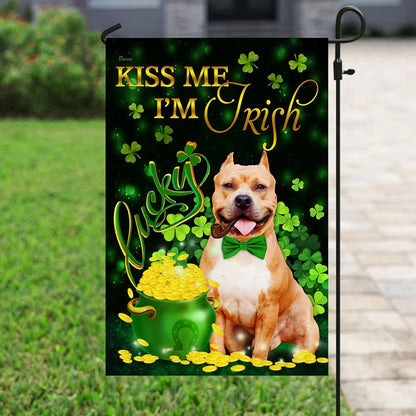 Pit Bull Kiss Me I'm Irish House Flag - St Patrick's Day Garden Flag - Outdoor St Patrick's Day Decor