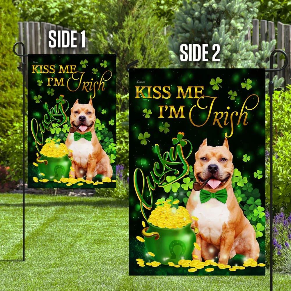 Pit Bull Kiss Me I'm Irish House Flag - St Patrick's Day Garden Flag - Outdoor St Patrick's Day Decor