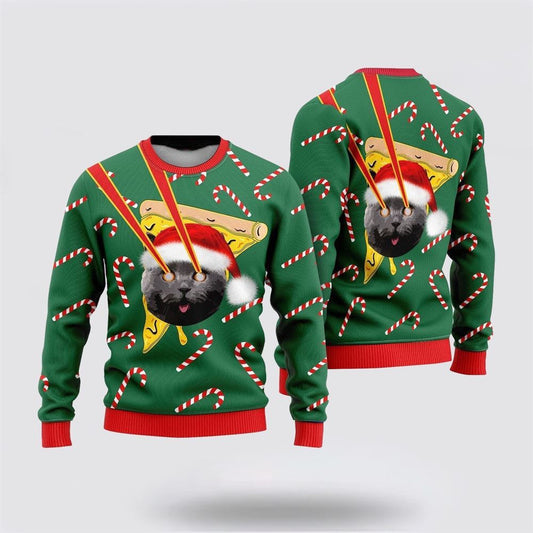 Pizza Black Cat With Laser Eyes Ugly Christmas Sweater For Men And Women, Best Gift For Christmas, Christmas Fashion Winter