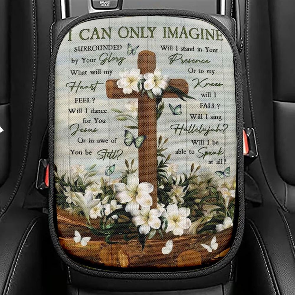 Plumeria Painting Jesus Cross I Can Only Imagine Car Center Console Cover, Christian Armrest Seat Cover, Bible Seat Box Cover