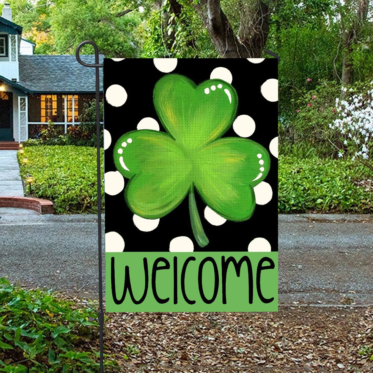 Polka Dot Welcome St. Patrick's Day Shamrock Clover House Flag - St. Patrick's Day Garden Flag - Outdoor St Patrick's Day Decor