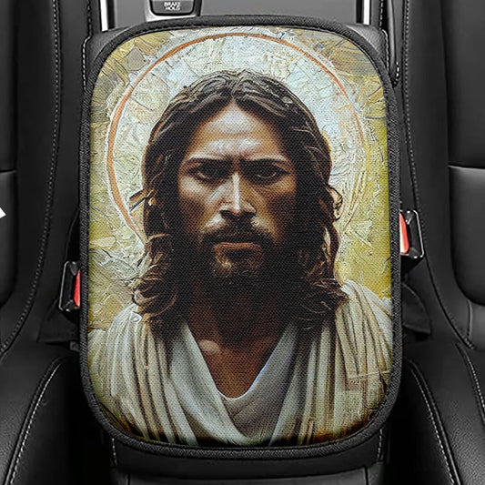 Portrait Of Jesus With The Crown Of Thorn Seat Box Cover, Jesus Car Center Console Cover, Christian Car Interior Accessories