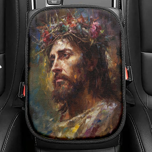 Power Jesus Christ Came To Rescue A Fishing Boat Seat Box Cover, Jesus Car Center Console Cover, Christian Car Interior Accessories