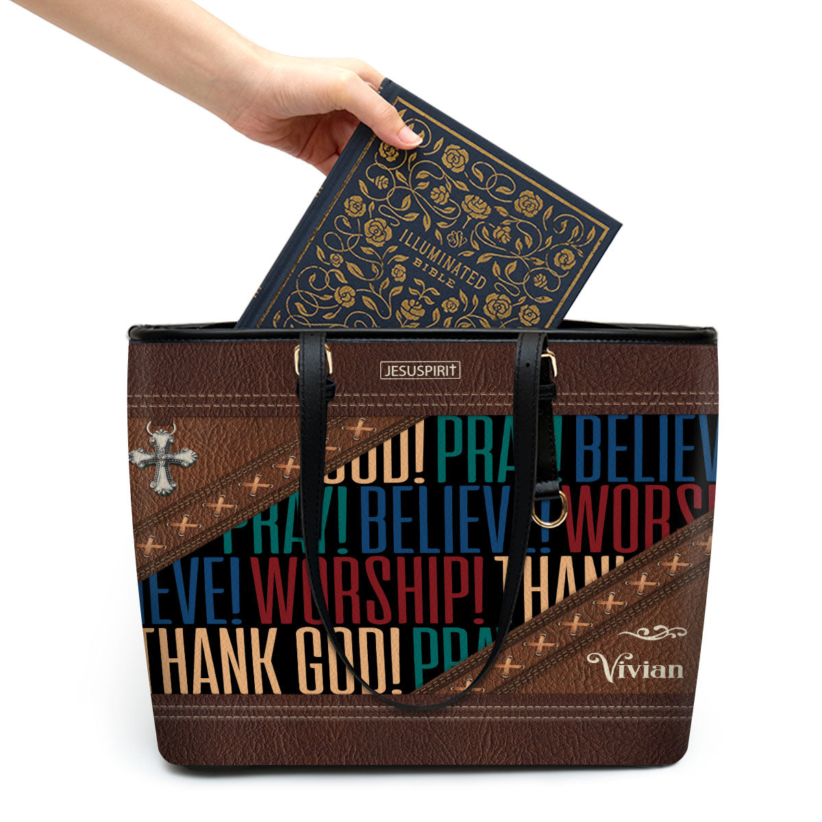 Pray Believe Worship Beautiful Personalized Large Pu Leather Tote Bag For Women - Mom Gifts For Mothers Day