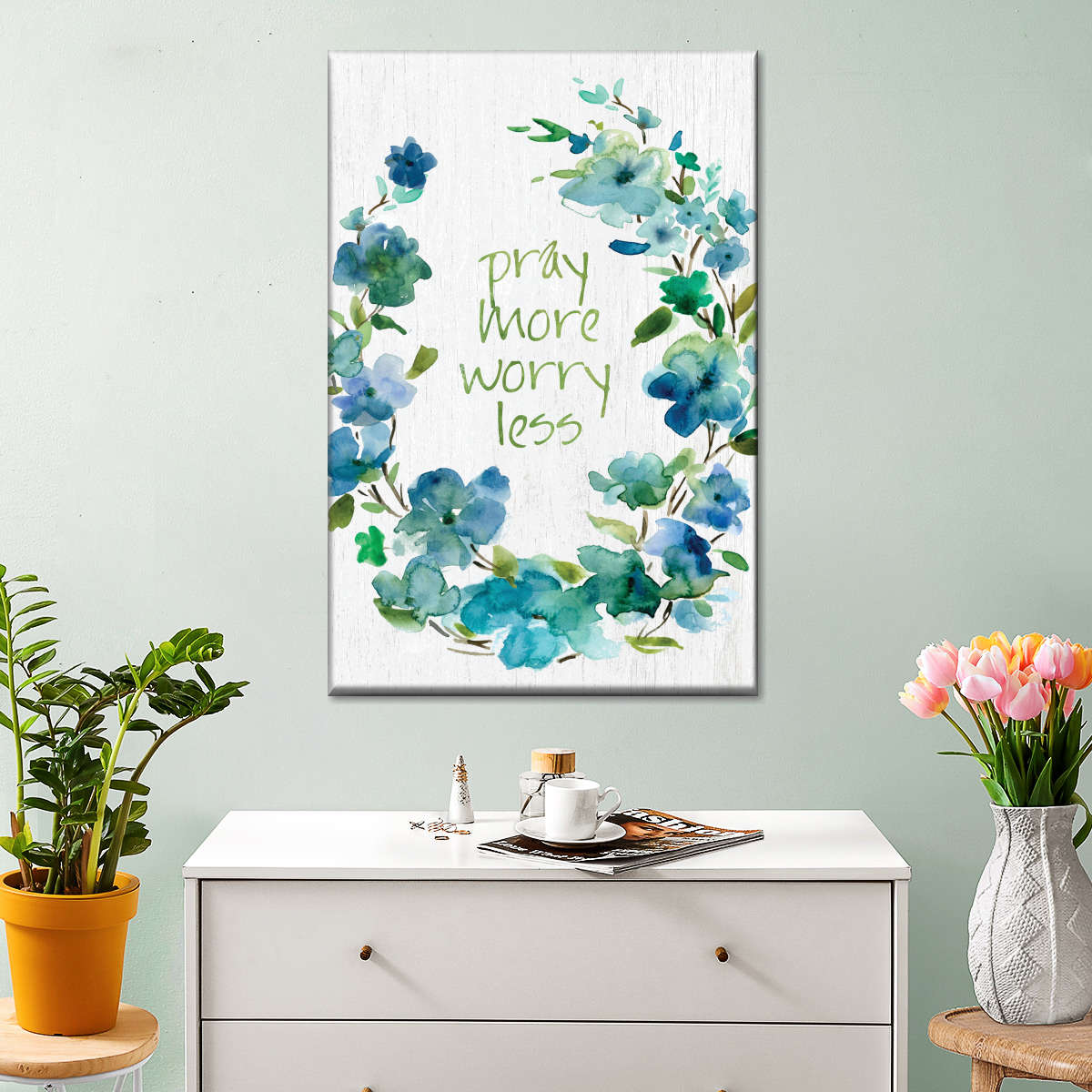 Pray Flower Wreath Wall Art Canvas - Canvas Religious Wall Art - Christian Wall Decor Living Room