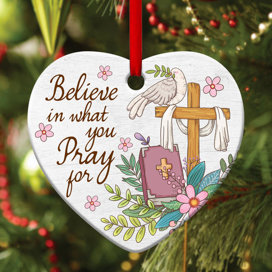 Pray For It - Beautiful Cross Ceramic Heart Ornament - Christmas Decor - Funny Ornament