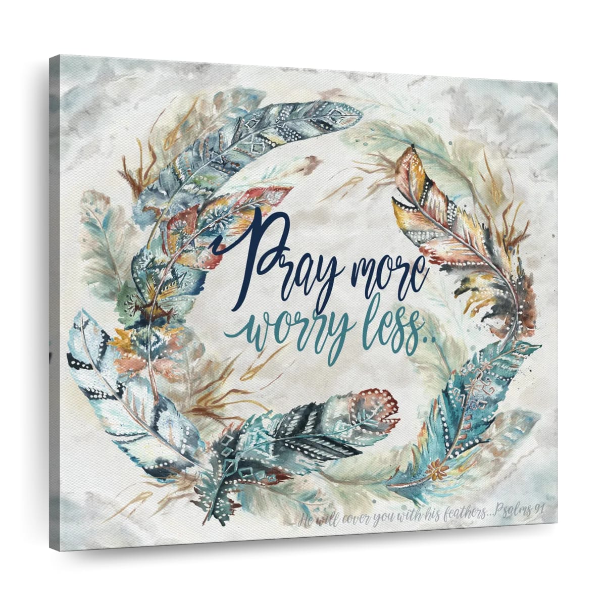 Pray More Worry Less Tribal Feathers Wreath Square Canvas Art - Christian Wall Decor - Christian Wall Hanging