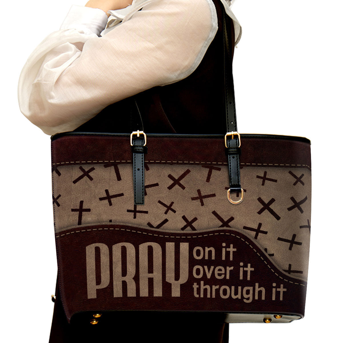 Pray On It Pray Over It Pray Through It Large Leather Tote Bag - Christ Gifts For Religious Women - Best Mother's Day Gifts