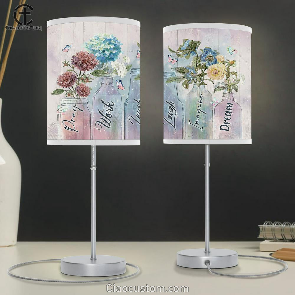 Pray Work Laugh Blue Hydrangea Red Chrysanthemum Table Lamp For Bedroom - Bible Verse Table Lamp - Religious Room Decor