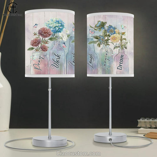 Pray Work Laugh Blue Hydrangea Red Chrysanthemum Table Lamp For Bedroom - Bible Verse Table Lamp - Religious Room Decor