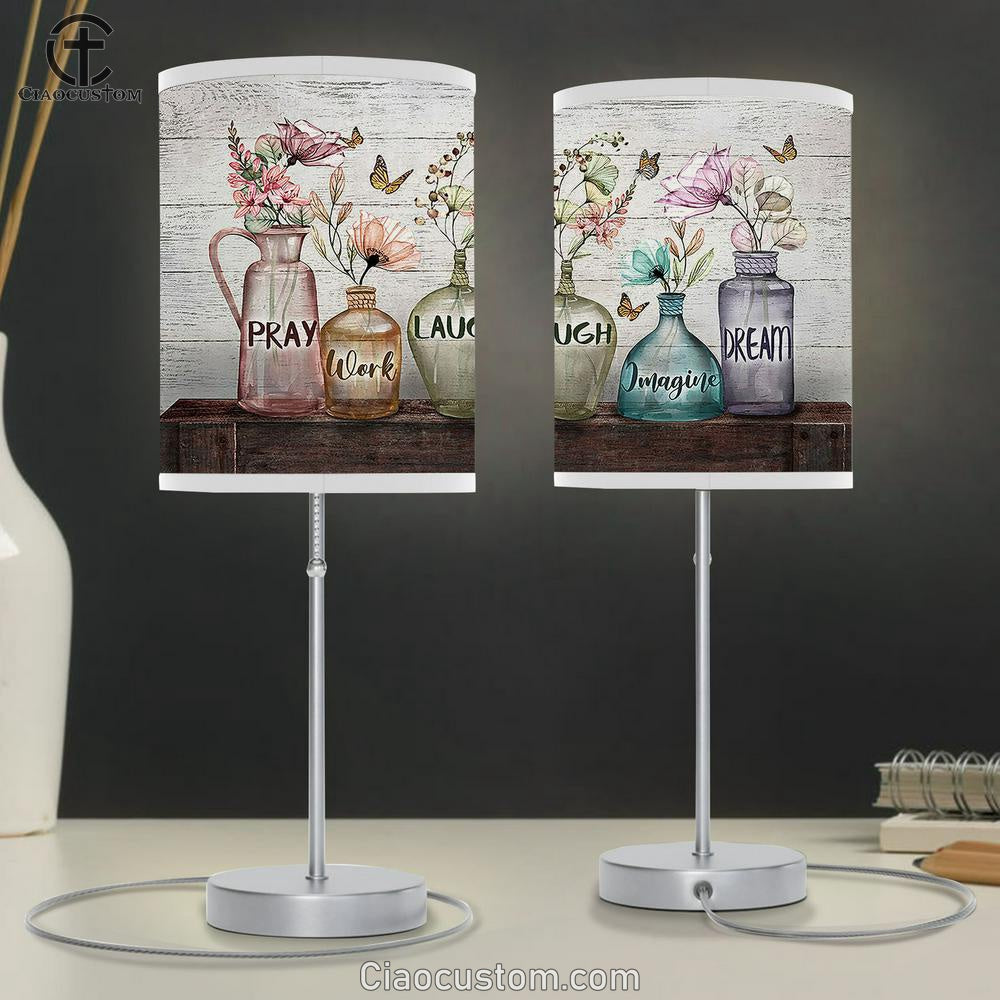 Pray Work Laugh Imagine Dream Elegant Flower Table Lamp For Bedroom - Bible Verse Table Lamp - Religious Room Decor