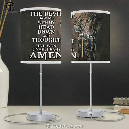 Prayer Warrior & Lion Table Lamp For Bedroom - The Devil Saw Me With My Head Down - Bible Verse Lamp Art - Christian Home Decor