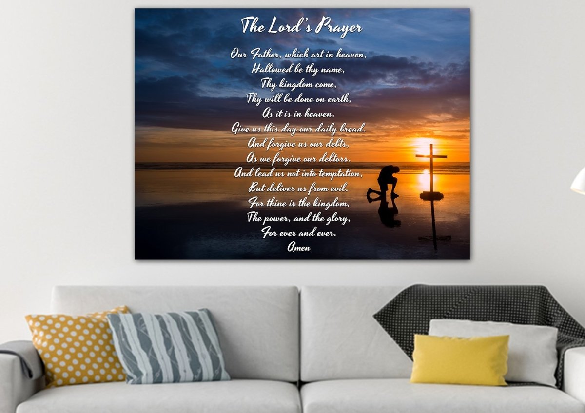 Praying At Cross & The Lords Prayer Wall Art - Christian Canvas Wall Art