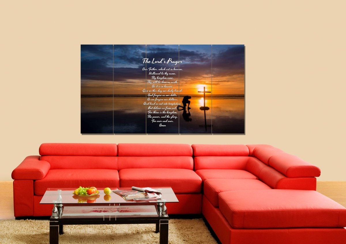 Praying At Cross & The Lords Prayer Wall Art - Christian Canvas Wall Art