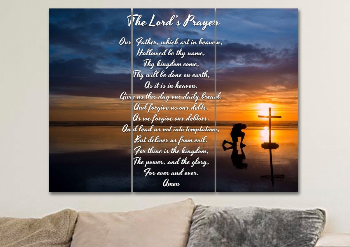 Praying At Cross & The Lords Prayer Wall Art - Christian Canvas Wall Art
