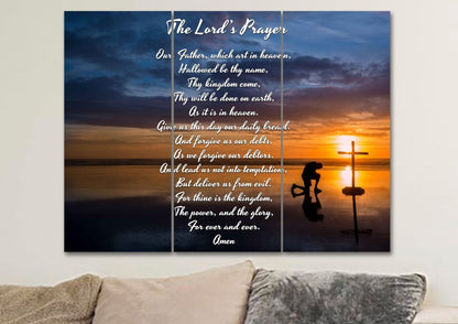 Praying At Cross & The Lords Prayer Wall Art - Christian Canvas Wall Art