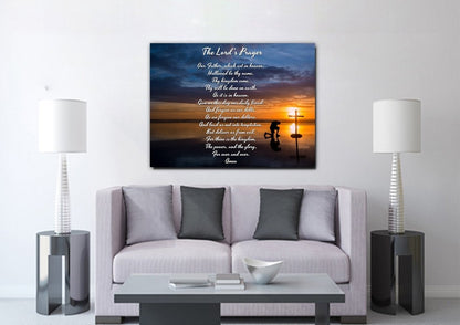 Praying At Cross & The Lords Prayer Wall Art - Christian Canvas Wall Art