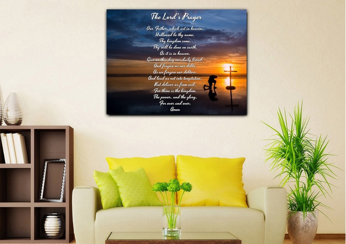 Praying At Cross & The Lords Prayer Wall Art - Christian Canvas Wall Art