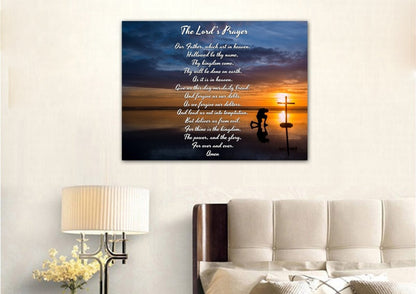 Praying At Cross & The Lords Prayer Wall Art - Christian Canvas Wall Art