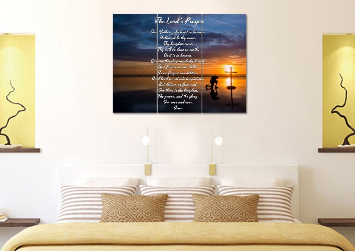 Praying At Cross & The Lords Prayer Wall Art - Christian Canvas Wall Art