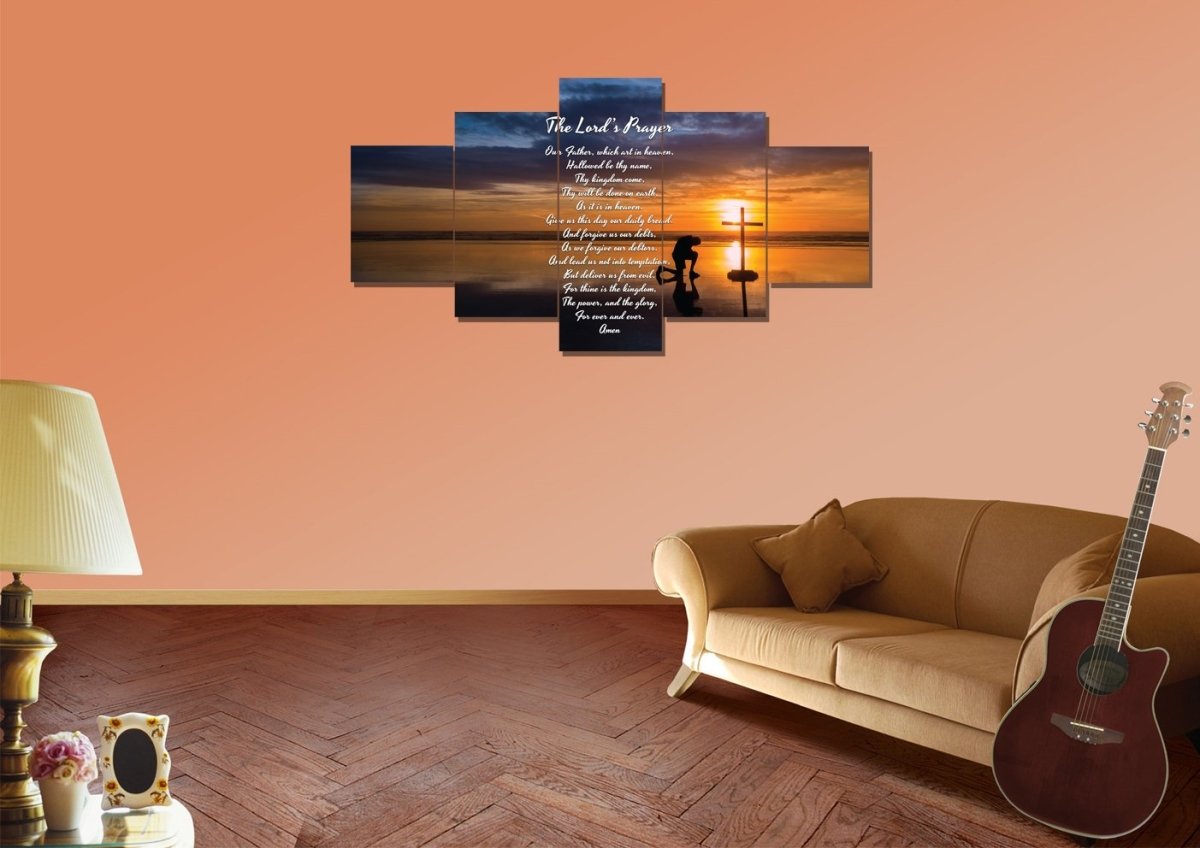 Praying At Cross & The Lords Prayer Wall Art - Christian Canvas Wall Art
