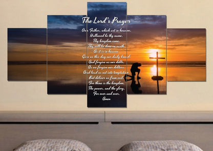 Praying At Cross & The Lords Prayer Wall Art - Christian Canvas Wall Art