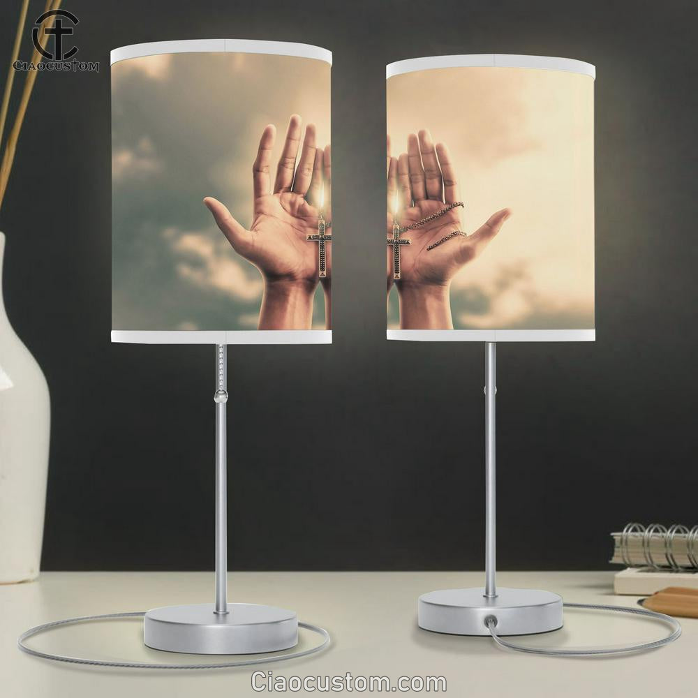Praying Hands Hold Crucifix Cross Table Lamp Pictures - Faith Art - Christian Table Lamp For Bedroom Decor