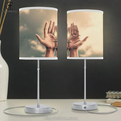 Praying Hands Hold Crucifix Cross Table Lamp Pictures - Faith Art - Christian Table Lamp For Bedroom Decor
