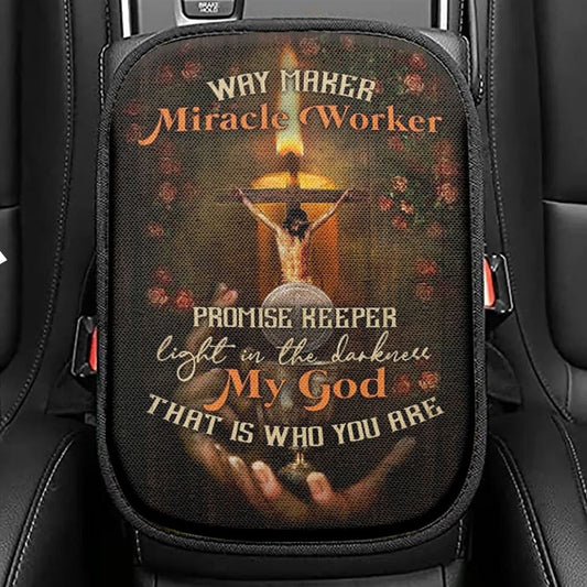 Pretty Candle Rose Garden Jesus Way Maker Miracle Worker Car Center Console Cover, Christian Armrest Seat Cover, Bible Seat Box Cover