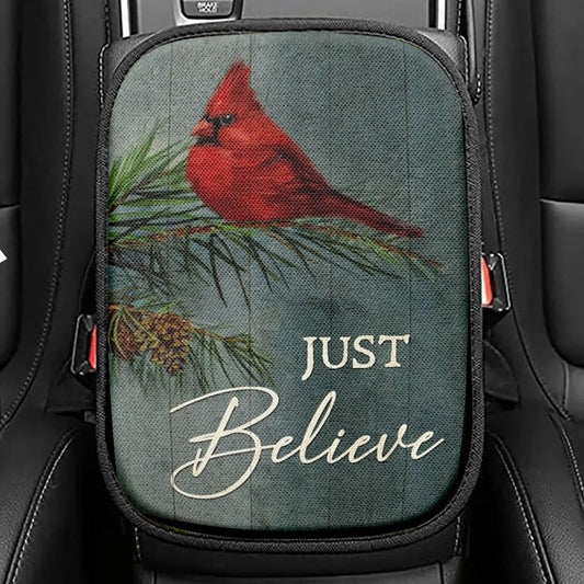 Pretty Cardinal Pine Cone Tree Just Believe Car Center Console Cover, Christian Armrest Seat Cover, Bible Seat Box Cover