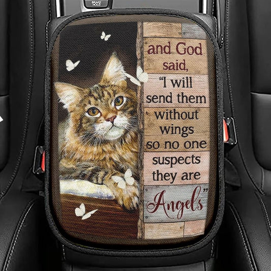 Pretty Cat Drawing And God Said I Will Send Them Without Wings Car Center Console Cover, Christian Armrest Seat Cover, Bible Seat Box Cover