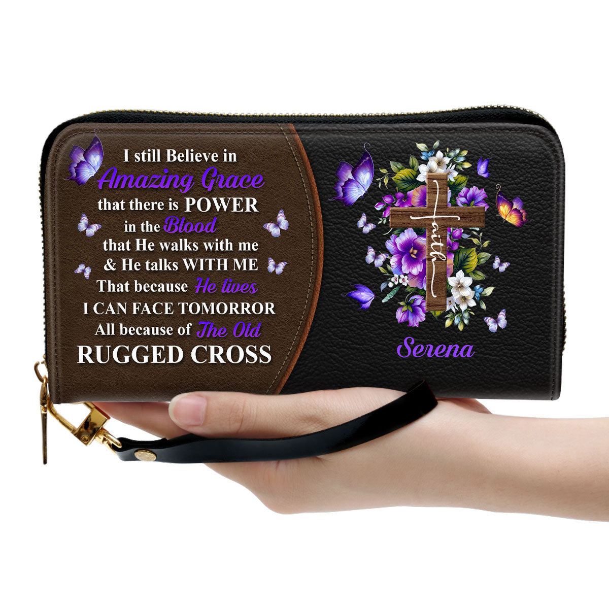 Pretty Floral Cross I Still Believe In Amazing Grace Clutch Purse For Women - Personalized Name - Christian Gifts For Women