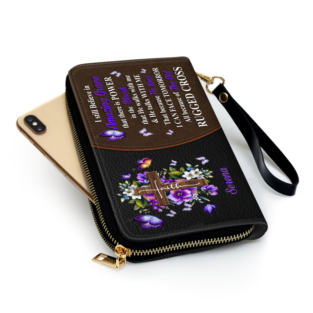 Pretty Floral Cross I Still Believe In Amazing Grace Clutch Purse For Women - Personalized Name - Christian Gifts For Women