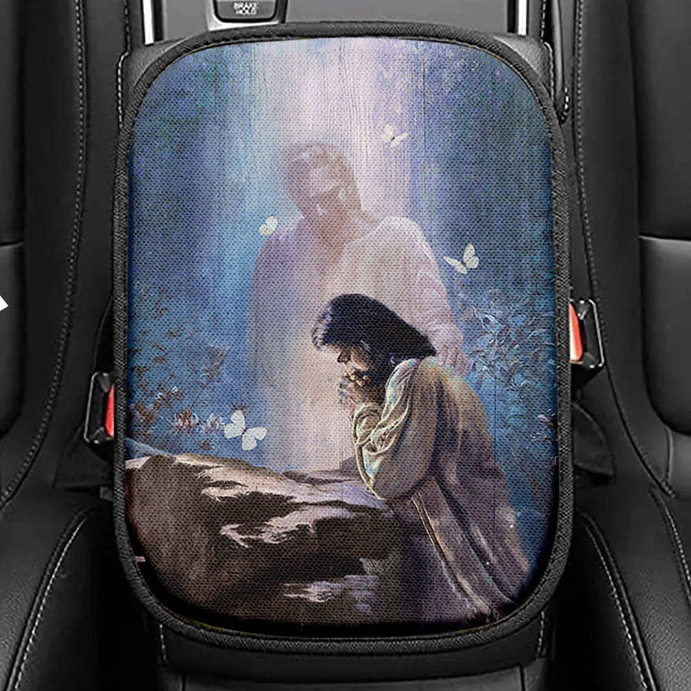 Pretty Girl Beautiful Forest Walking With Jesus Seat Box Cover, Inspirational Car Center Console Cover, Christian Car Interior Accessories
