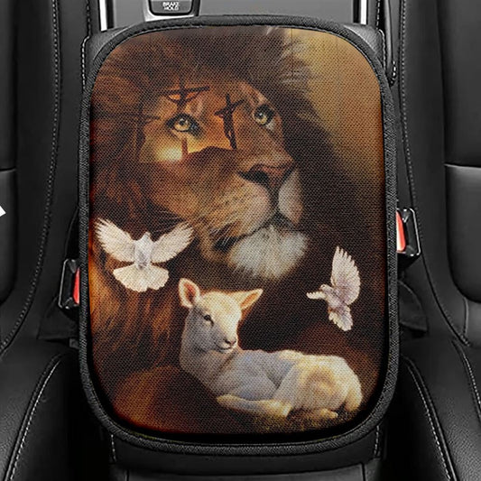 Pretty Lion, Watercolor Lamb, White Dove, Cross Jesus Car Center Console Cover, Christian Armrest Seat Cover, Bible Seat Box Cover