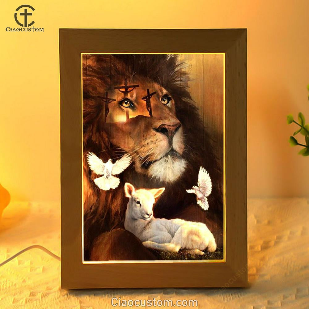 Pretty Lion, Watercolor Lamb, White Dove, Cross Jesus Frame Lamp