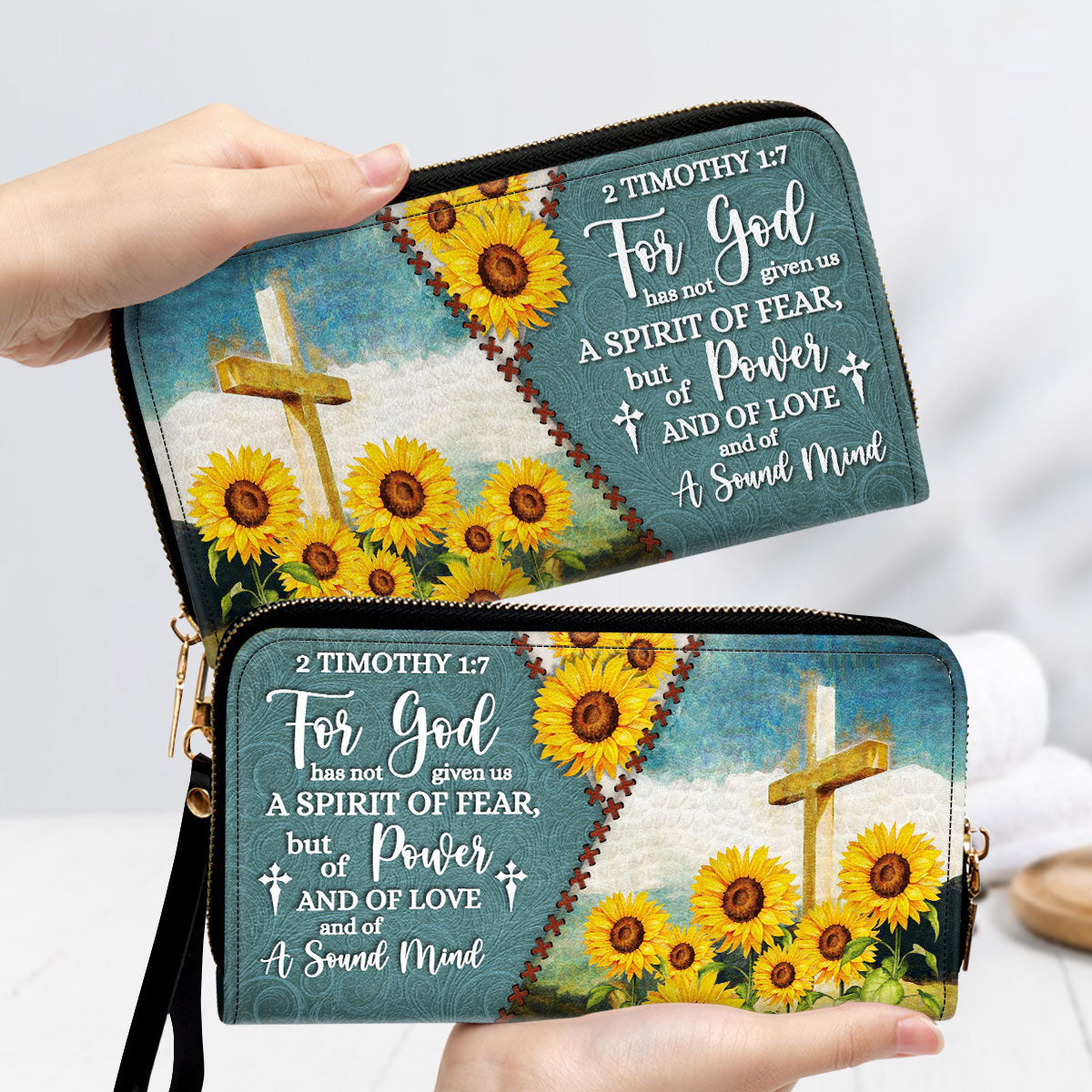 Pretty Sunflower For God Has Given Us A Spirit Of A Sound Mind Clutch Purse For Women - Personalized Name - Christian Gifts For Women