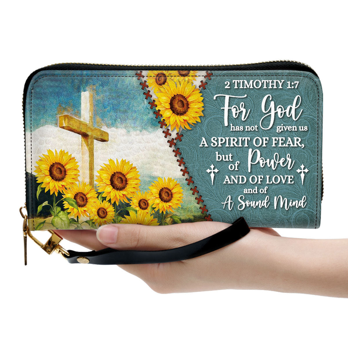 Pretty Sunflower For God Has Given Us A Spirit Of A Sound Mind Clutch Purse For Women - Personalized Name - Christian Gifts For Women