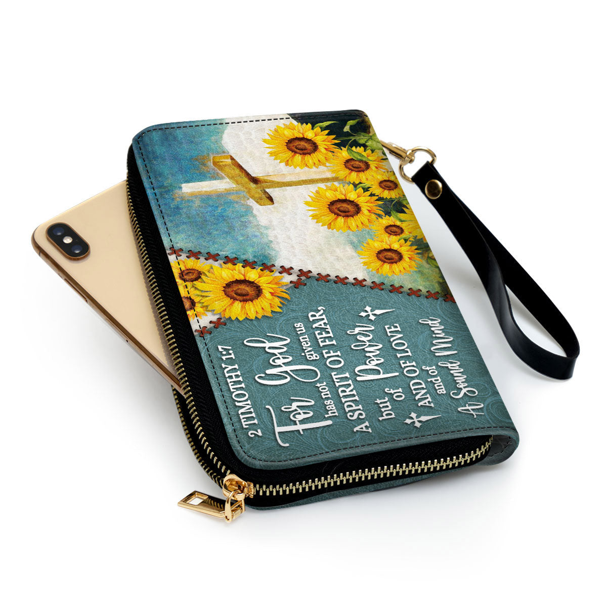 Pretty Sunflower For God Has Given Us A Spirit Of A Sound Mind Clutch Purse For Women - Personalized Name - Christian Gifts For Women