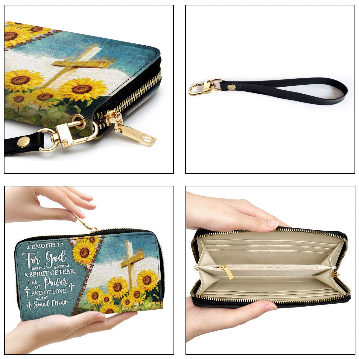 Pretty Sunflower For God Has Given Us A Spirit Of A Sound Mind Clutch Purse For Women - Personalized Name - Christian Gifts For Women
