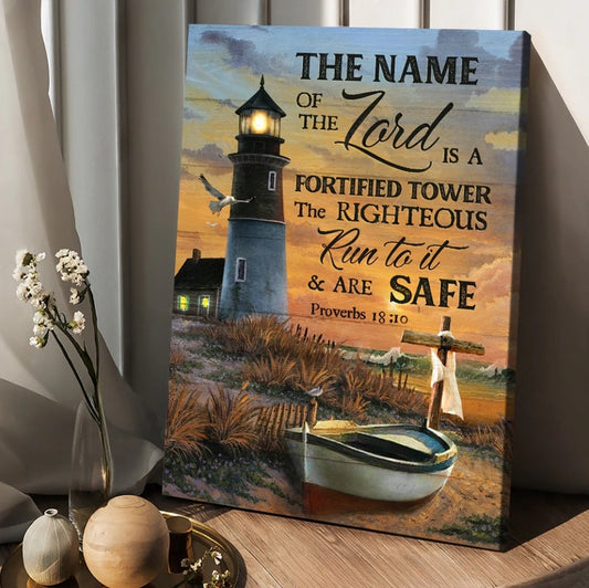 Pretty Sunset Lighthouse Drawing The Name Of The Lord Canvas Wall Art - Christian Wall Posters - Religious Wall Decor