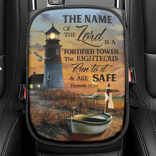 Pretty Sunset Lighthouse Drawing The Name Of The Lord Car Center Console Cover, Christian Armrest Seat Cover, Bible Seat Box Cover