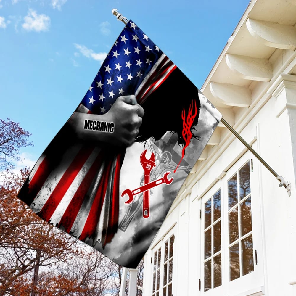 Proud Mechanic Jesus Christ House Flag - Christian Garden Flags - Outdoor Religious Flags