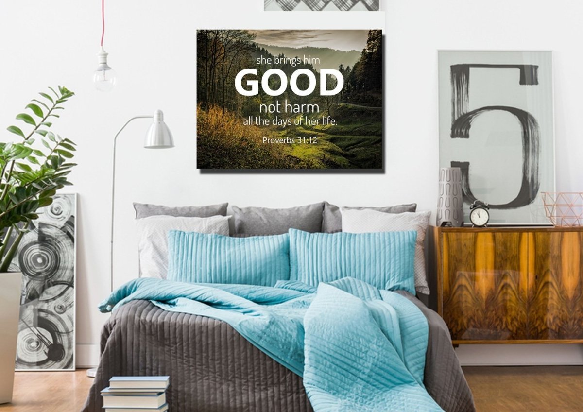 Proverbs 3112 'She Brings Him Good' Canvas Wall Art Print - Christian Canvas Wall Art