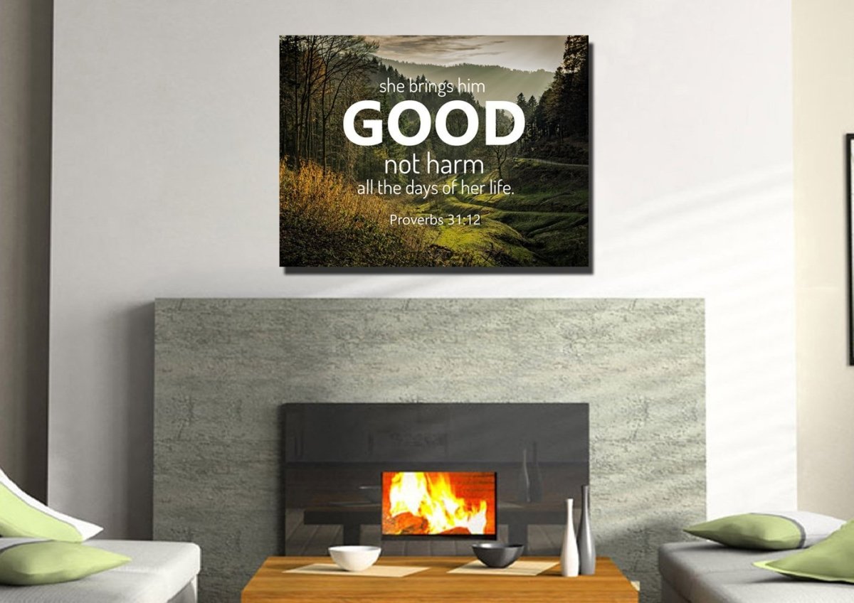 Proverbs 3112 'She Brings Him Good' Canvas Wall Art Print - Christian Canvas Wall Art