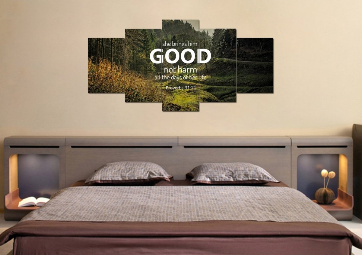 Proverbs 3112 'She Brings Him Good' Canvas Wall Art Print - Christian Canvas Wall Art