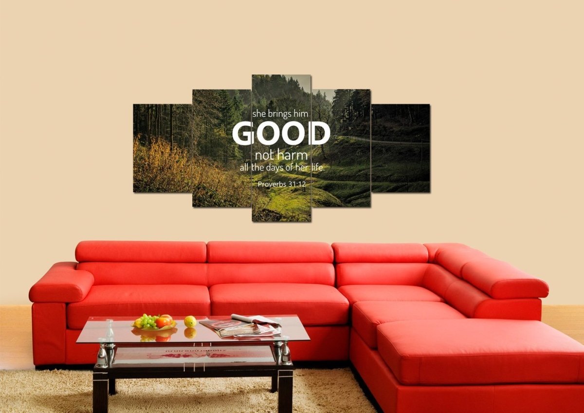 Proverbs 3112 'She Brings Him Good' Canvas Wall Art Print - Christian Canvas Wall Art